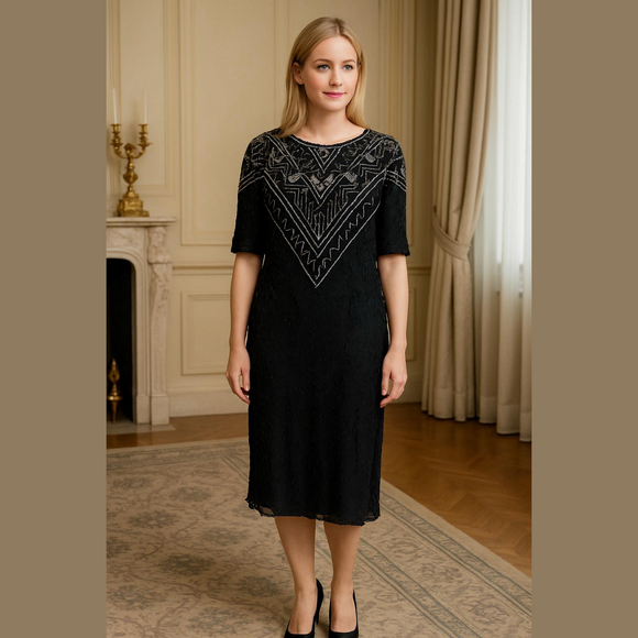 Jakelin Elegant Black Silk Fully Beaded Dress. P2P 24”, Length 42” SIZE 2X - Picture 1 of 7